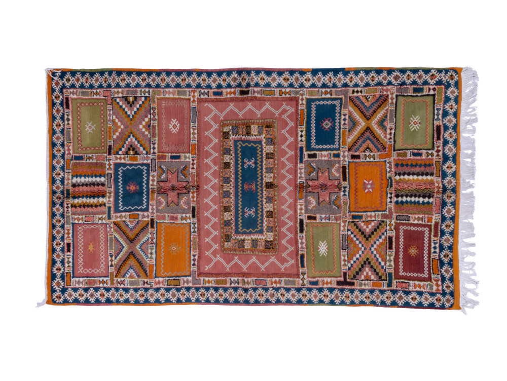 Kilim Rug Cotton And Wool Blue Yellow Green