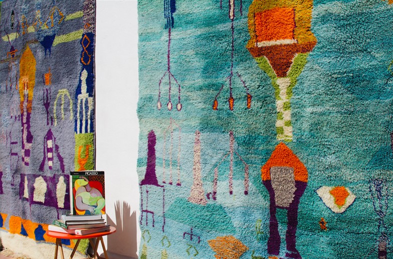 tapis berberes colotés bleu et turquoise en laine
